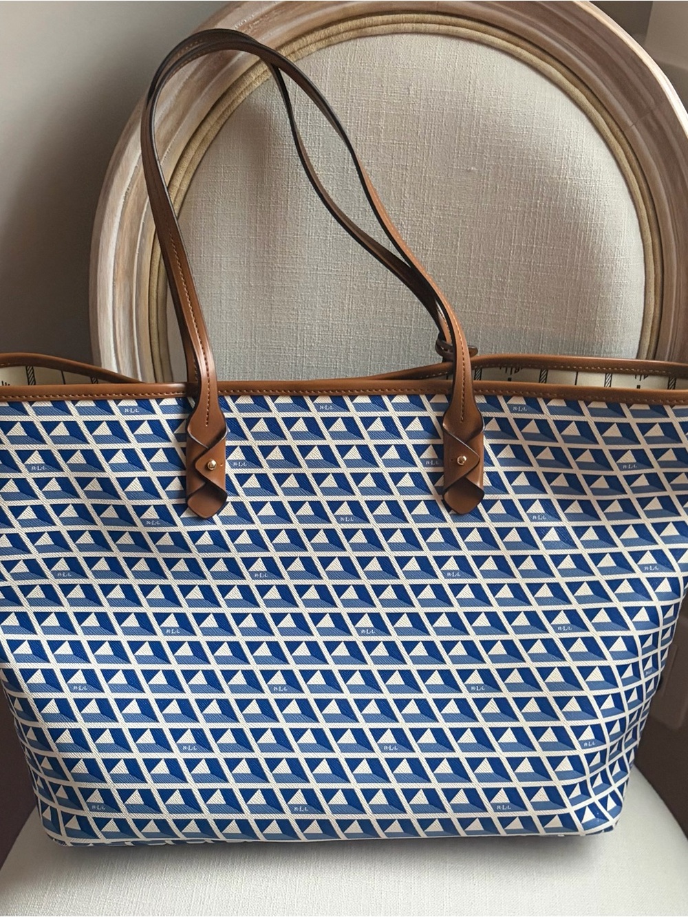 RALPH LAUREN Navy Geometric Tote with Tan Trim